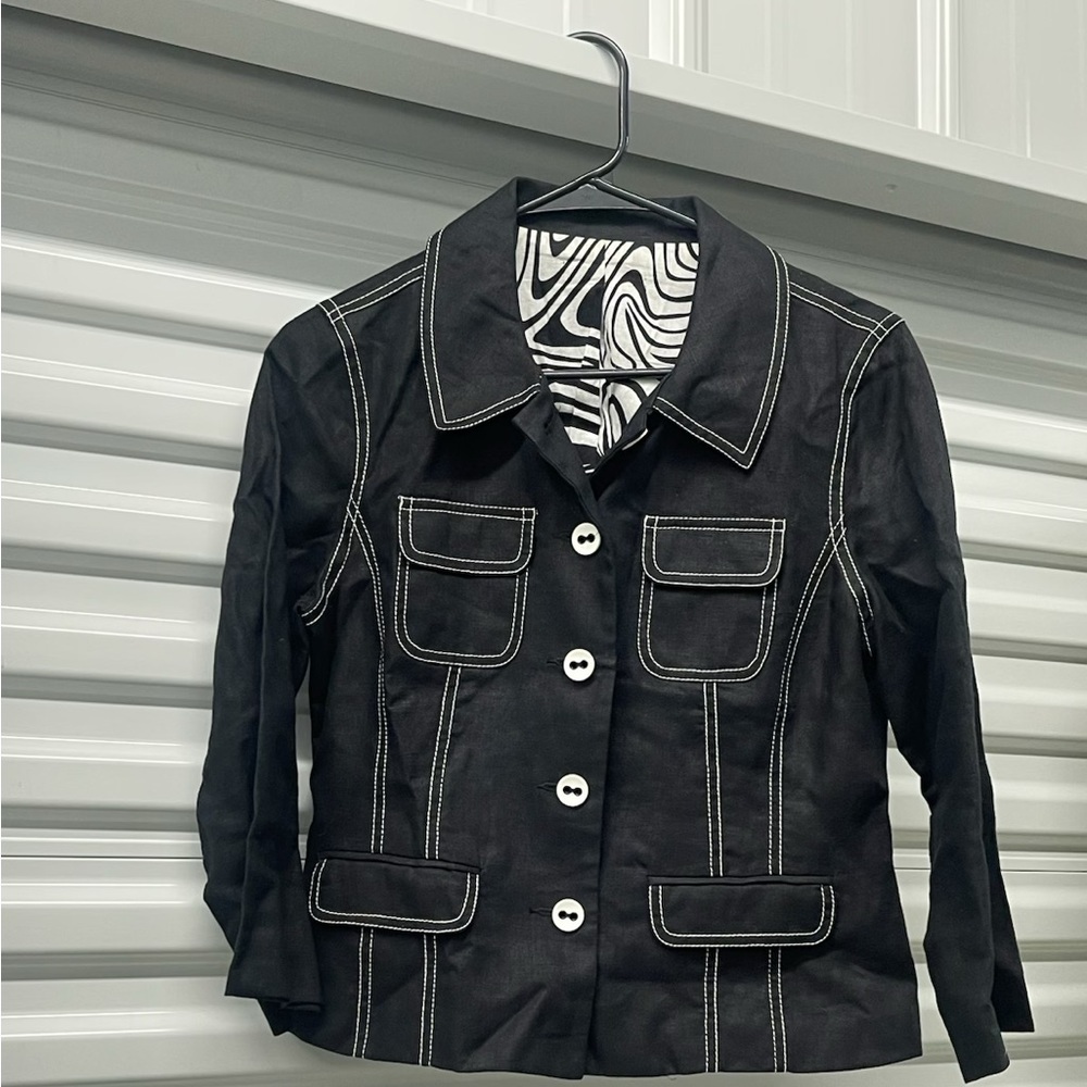 “Vintage Black Contrast Stitch Blazer 4 Pocket Utility Style, White Buttons,